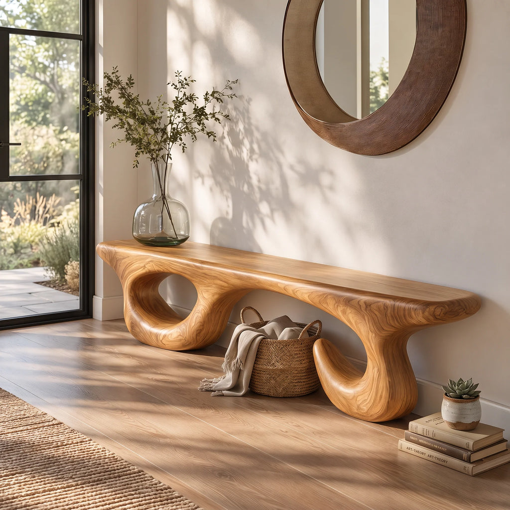 Sculptural Solid Wood Bench with Open Loop Base and Flowing Live Edge Seat