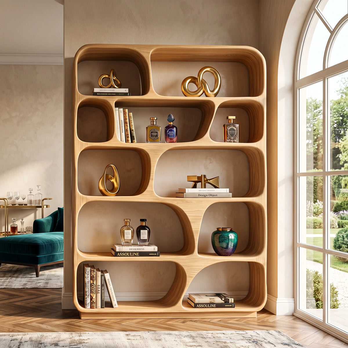 Organic Grid – Rounded Solid Wood Bookcase with Open Display Compartments