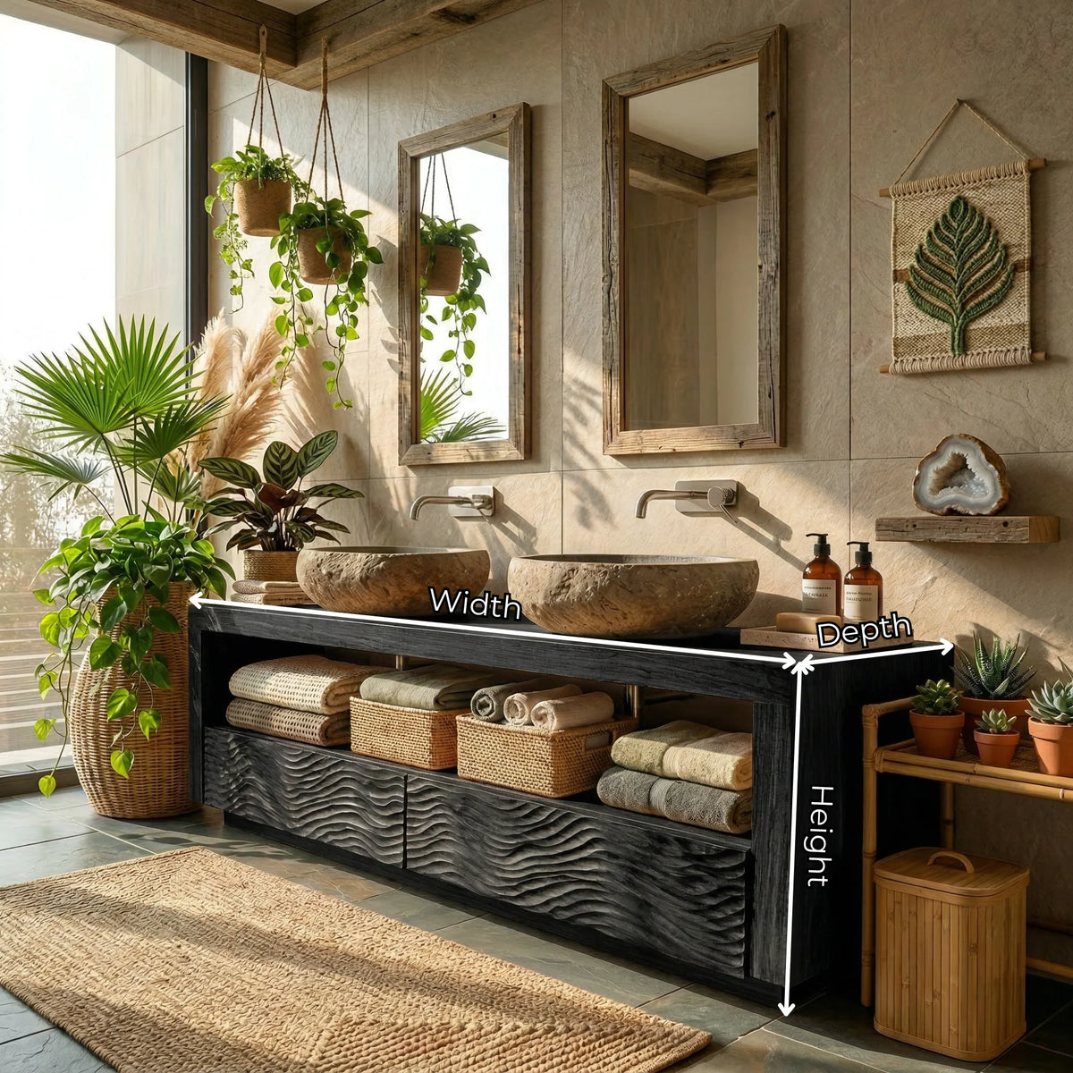 Solid Wood Double Bathroom Vanity with Carved Wave Drawers and Open Shelf Storage