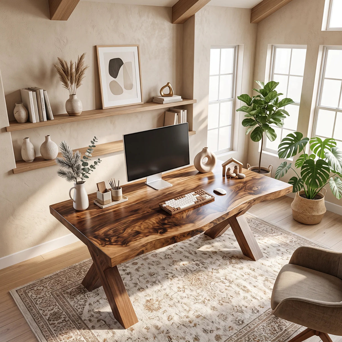 Live Edge Solid Wood Desk with Sculptural X-Shaped Legs – Modern Home Office Desk