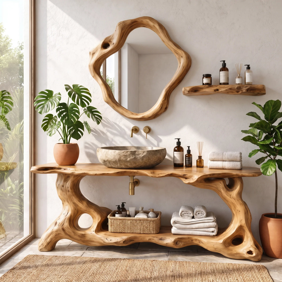 Solid Wood Bathroom Vanity with Sculptural Organic Root Base and Open Shelf Storage