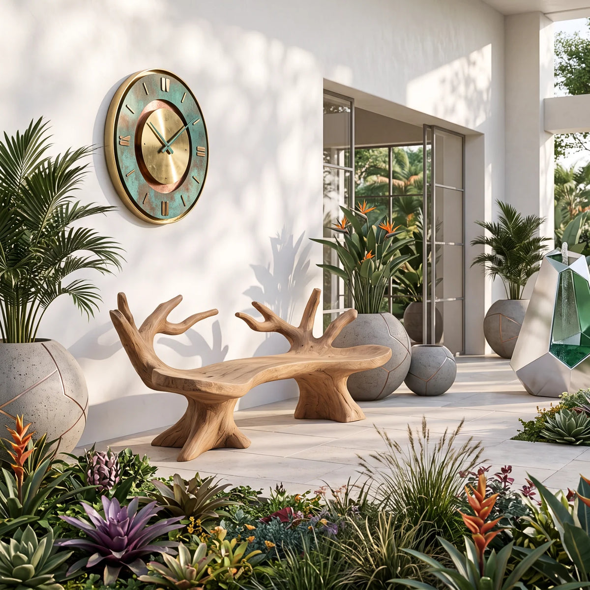 Branch Form – Solid Wood Garden Bench with Sculptural Root Base