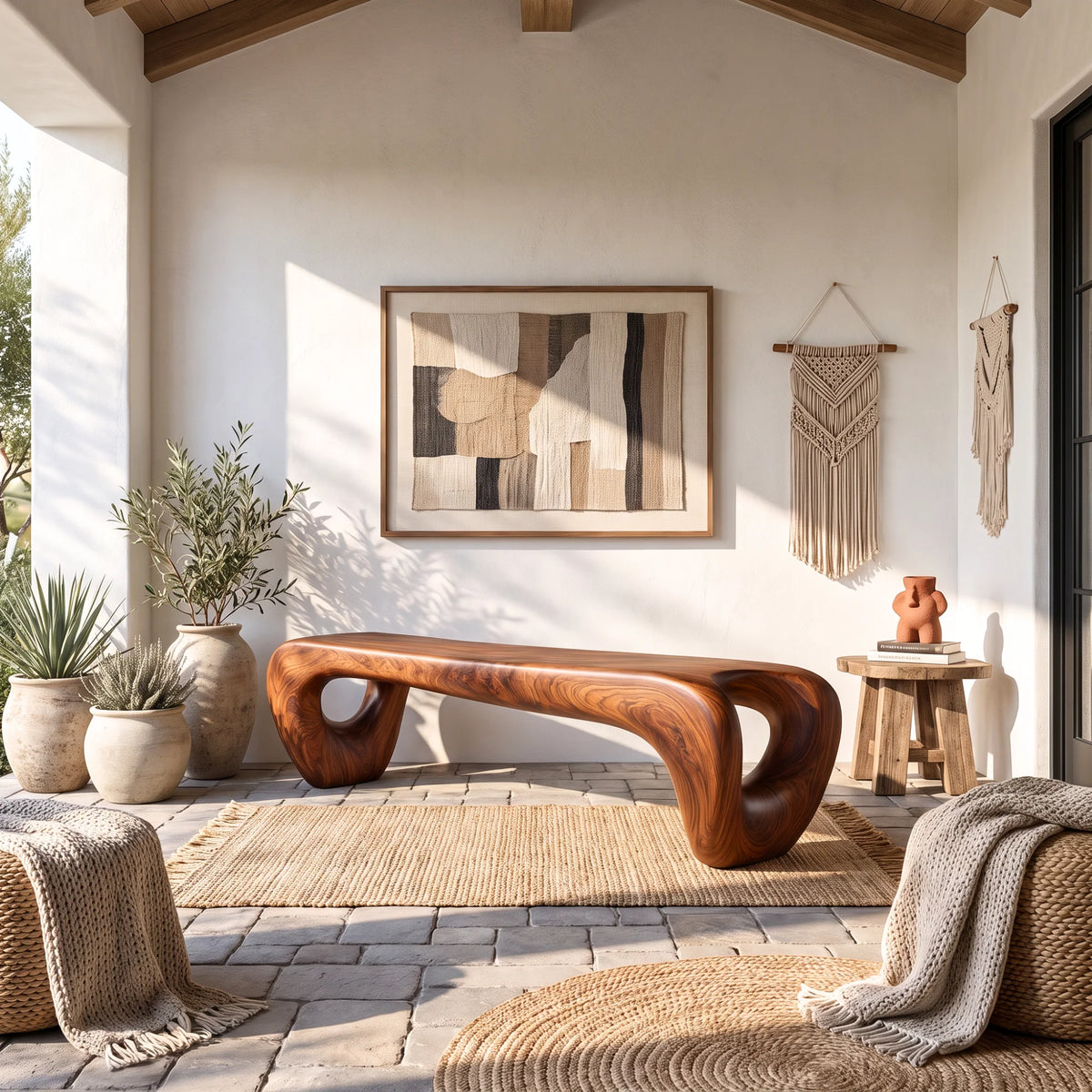 Sculptural Solid Wood Bench with Loop Legs and Flowing Live Edge Seat