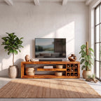 Solid Wood TV Console with Open Media Shelves and Side Storage Cubbies