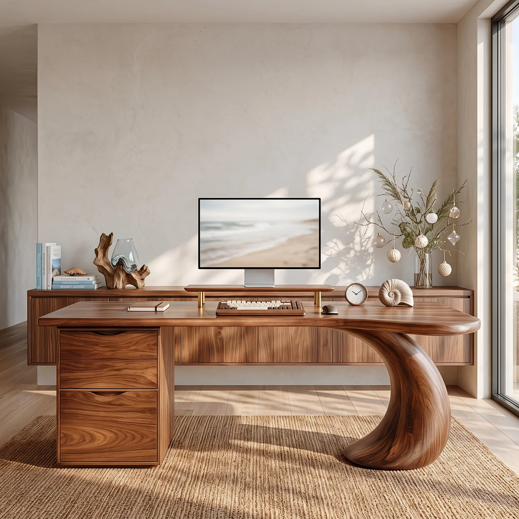 Organic Solid Wood Desk with Curved Leg and Two Drawers