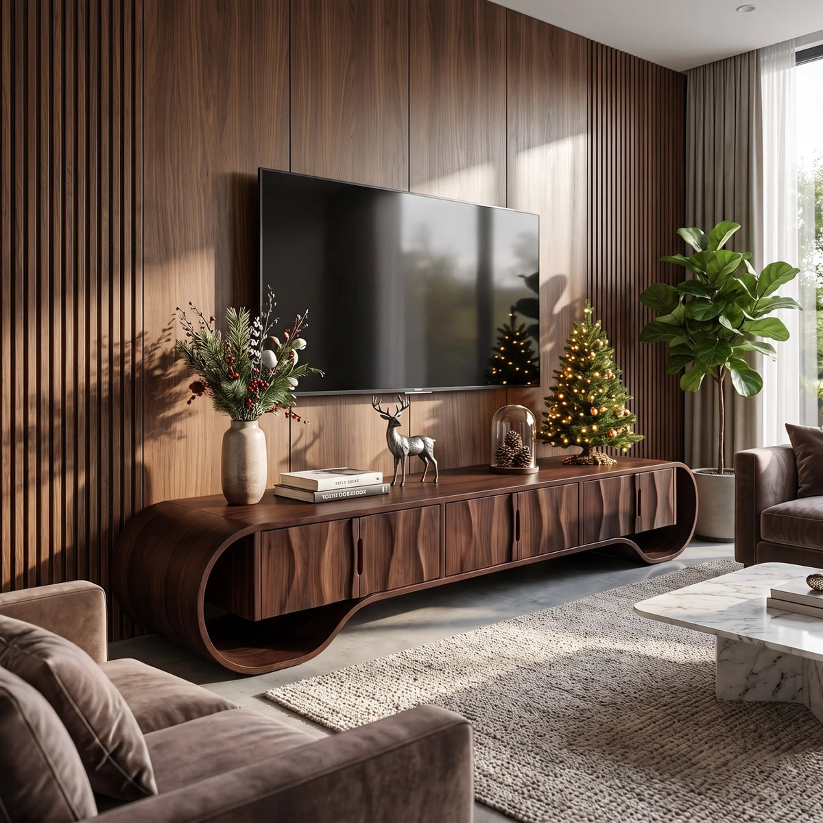 Sculptural Solid Wood TV Stand with Oval Frame and Natural-Grain Doors