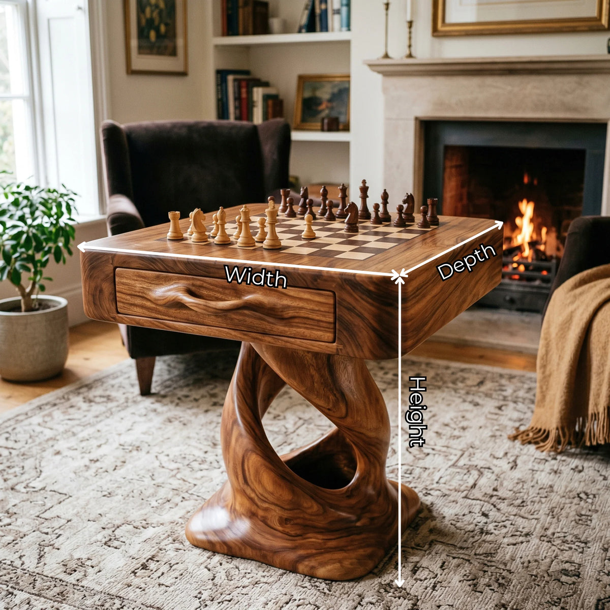 Solid Wood Chess Table with Drawer and Sculptural Pedestal