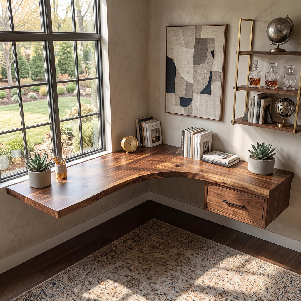 Solid Wood Floating Corner Desk with Live Edge Top and Built-In Drawer – Modern Home Office Desk