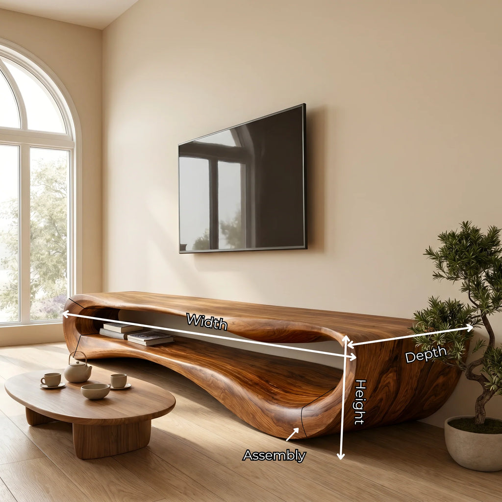 Curved Solid Wood TV Stand with Open Display Shelves