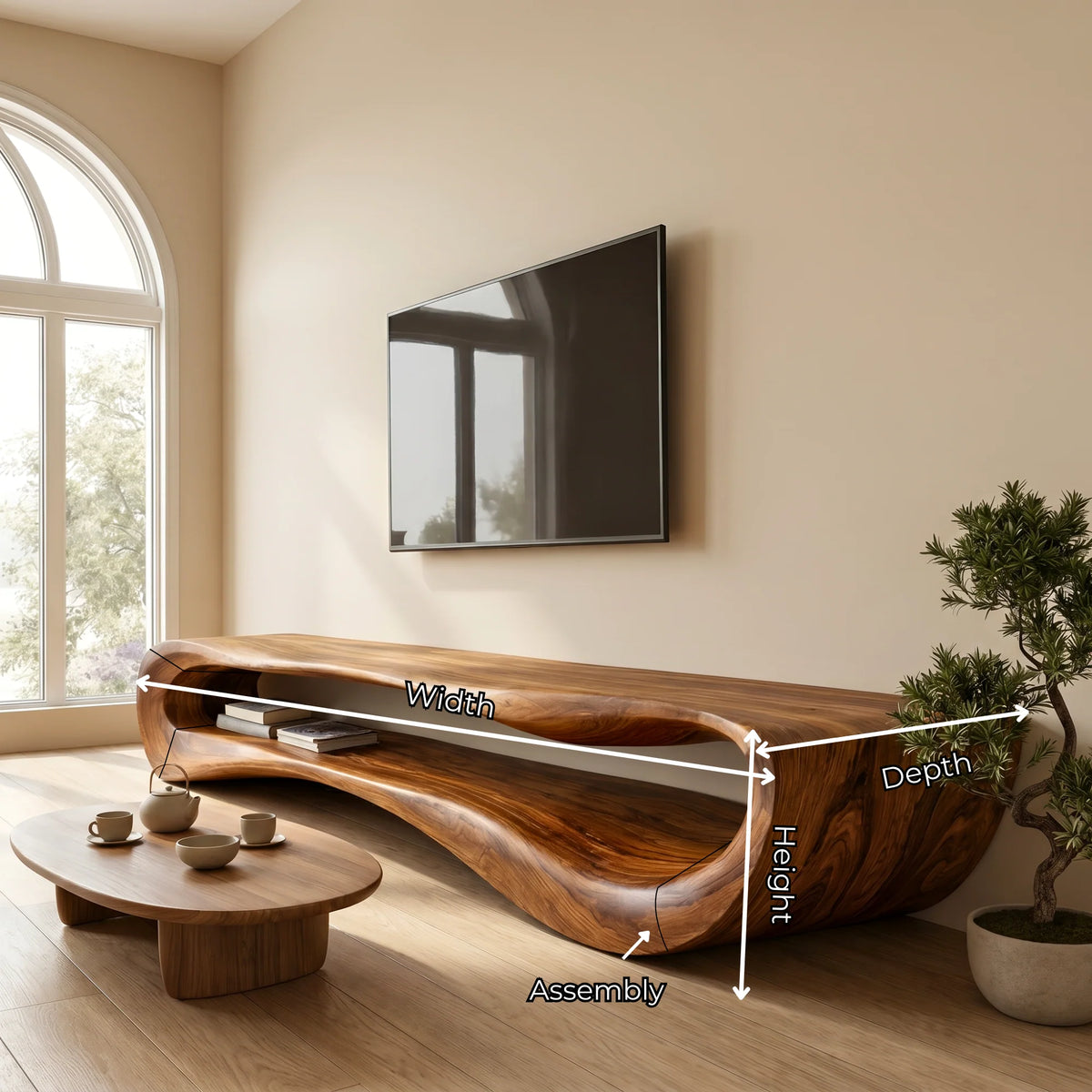 Curved Solid Wood TV Stand with Open Display Shelves
