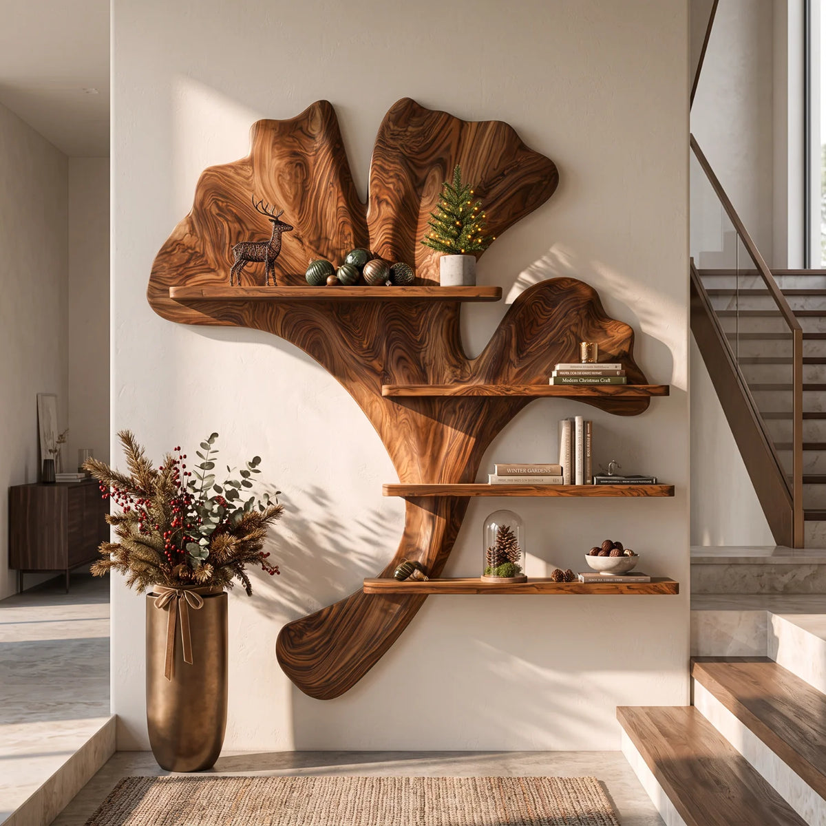 Ginkgo Leaf Solid Wood Sculptural Wall Shelf
