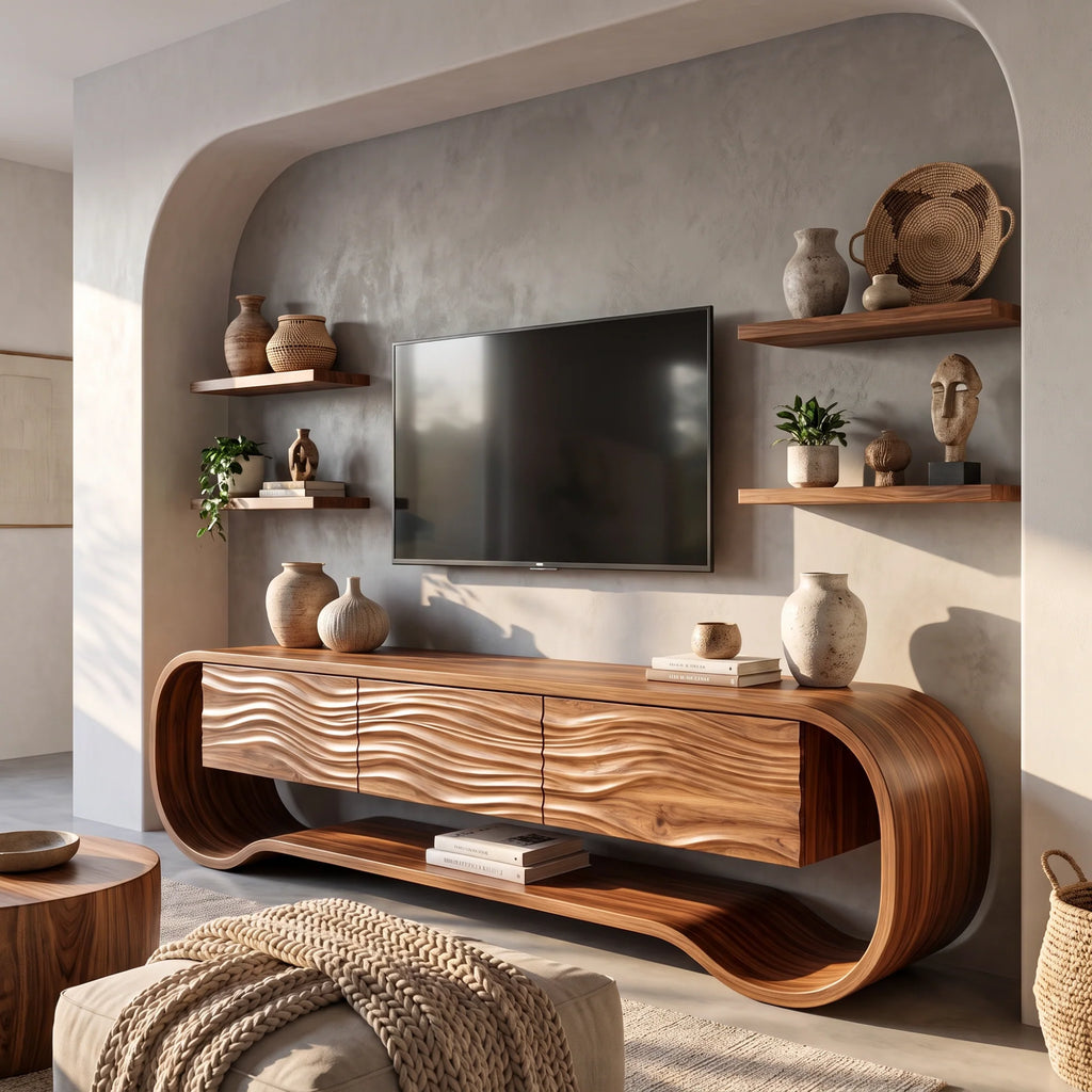 Sculptural Ribbon-Frame Solid Wood TV Console with Wave-Carved Doors