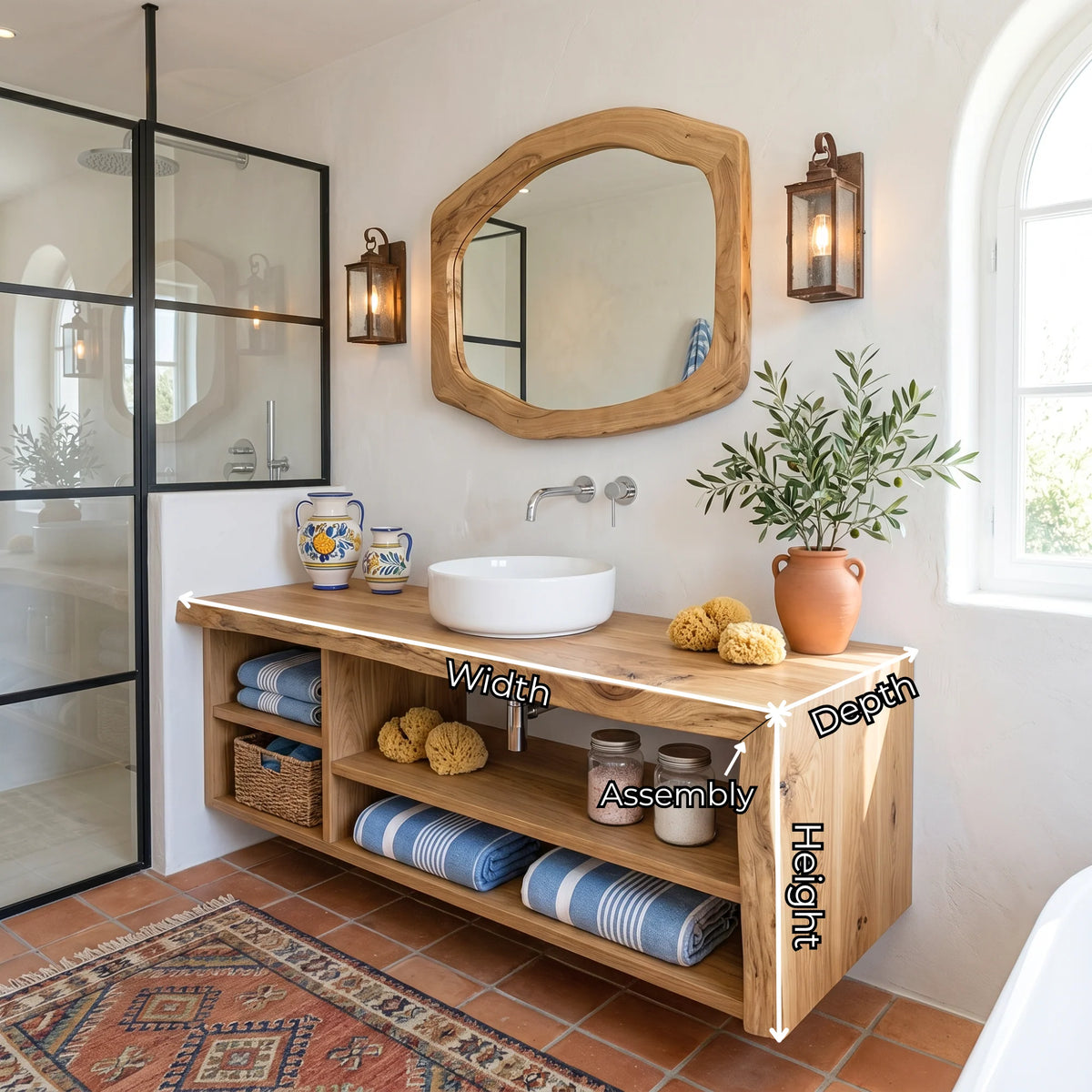 Solid Wood Bathroom Vanity with Open Storage and Vessel Sink – Modern Wooden Bathroom Cabinet