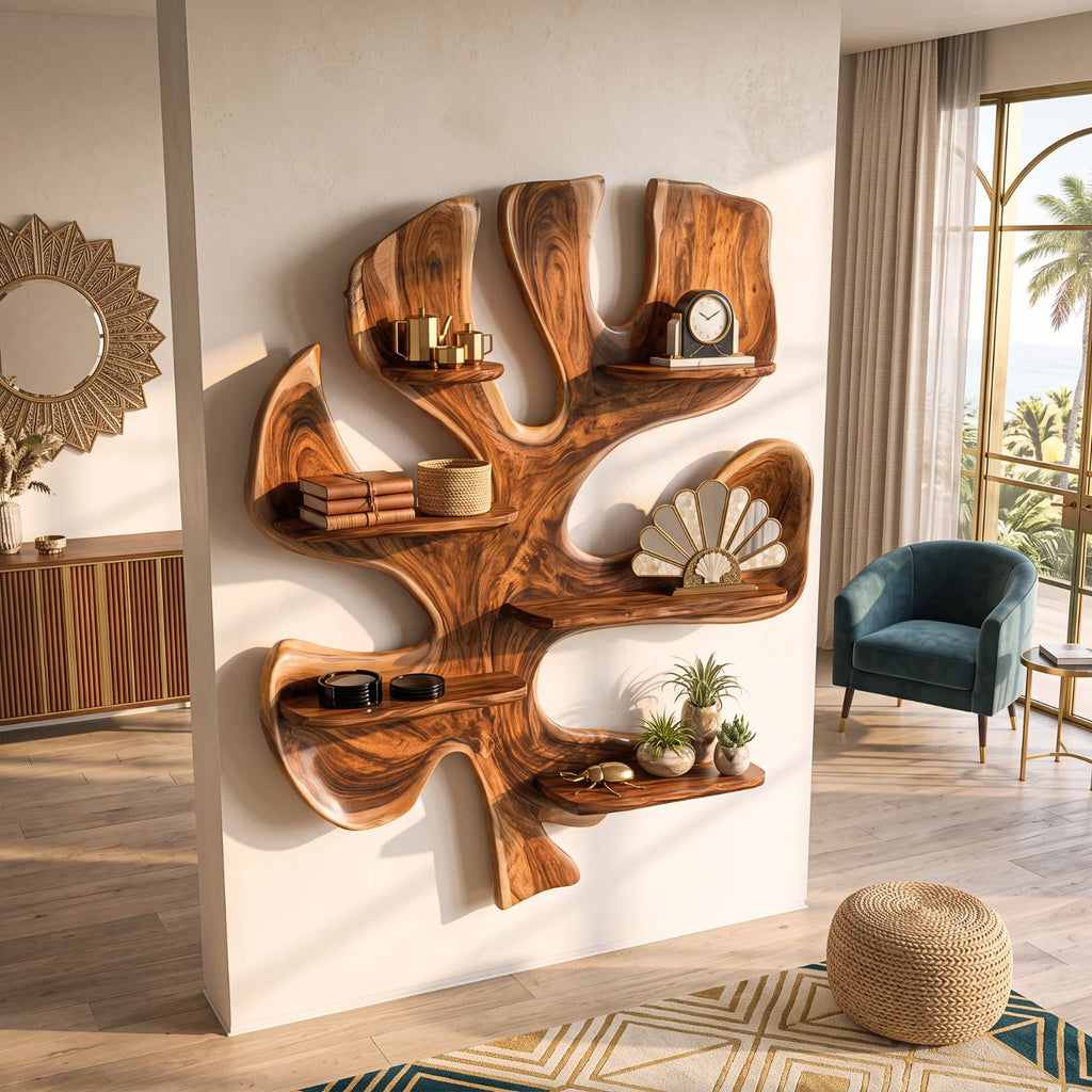 Sculptural Solid Wood Tree Wall Shelf