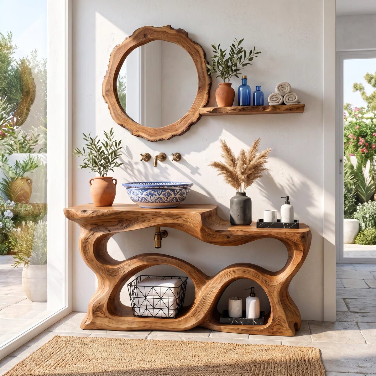 Solid Wood Bathroom Vanity with Sculptural Multi-Arch Design and Integrated Storage