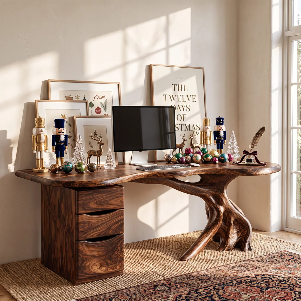 Live Edge Solid Wood Desk with Tree Base