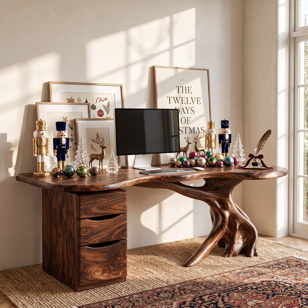 Live Edge Solid Wood Desk with Tree Base