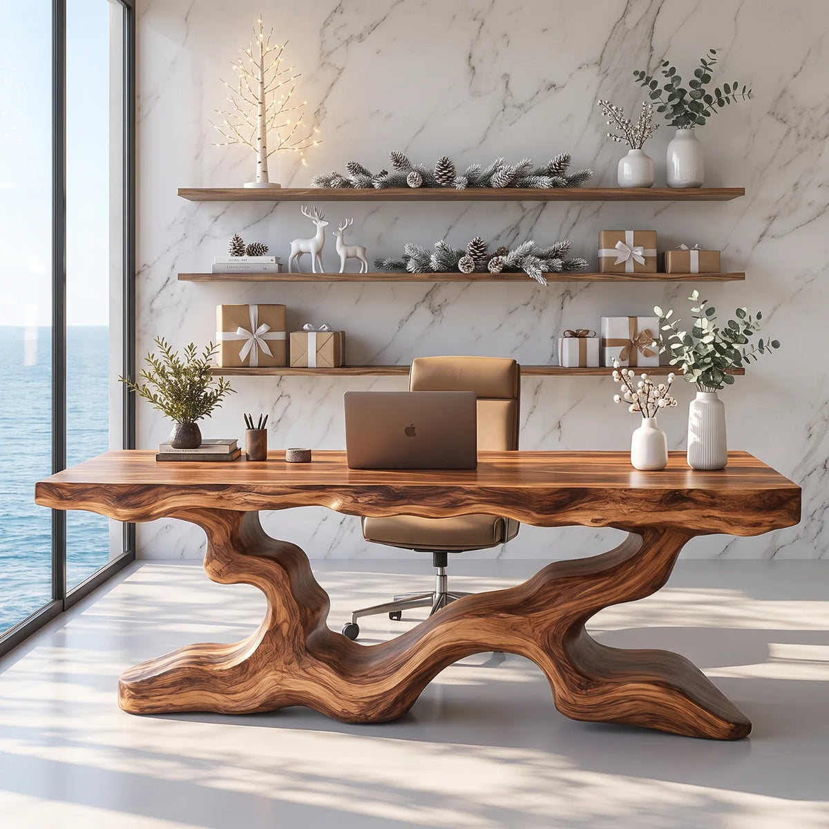 Live Edge Solid Wood Executive Desk with Branch Base