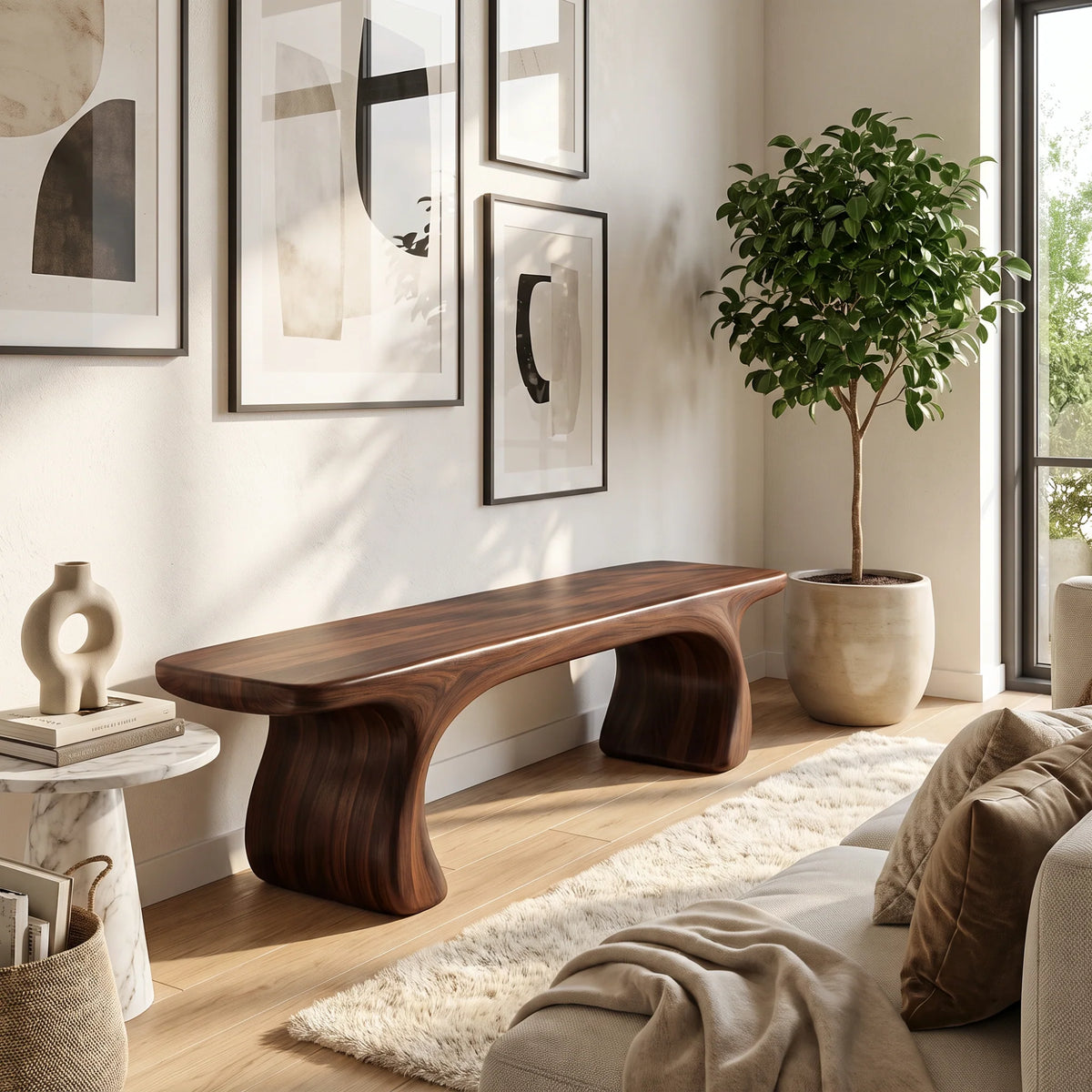 Sculptural Solid Wood Bench with Curved Base and Organic Live Edge Seat