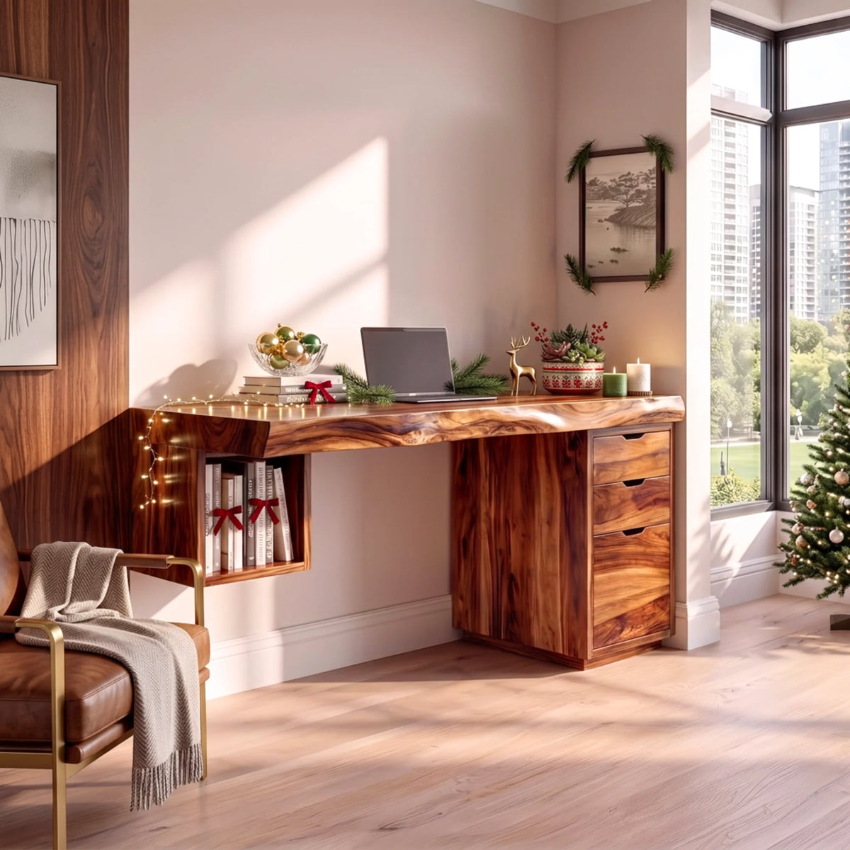 Solid Wood Desk with Drawers and Open Shelf