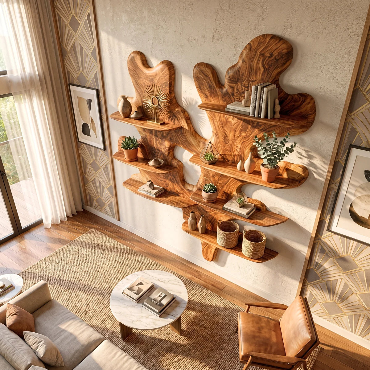 Organic Leaf Sculptural Solid Wood Wall Shelf