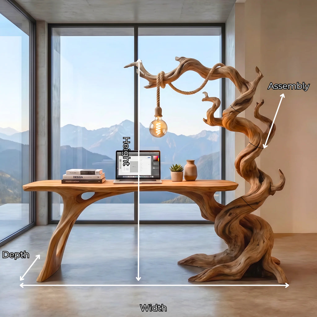 Sculptural Twisted Tree Wood Desk with Hanging Lamp
