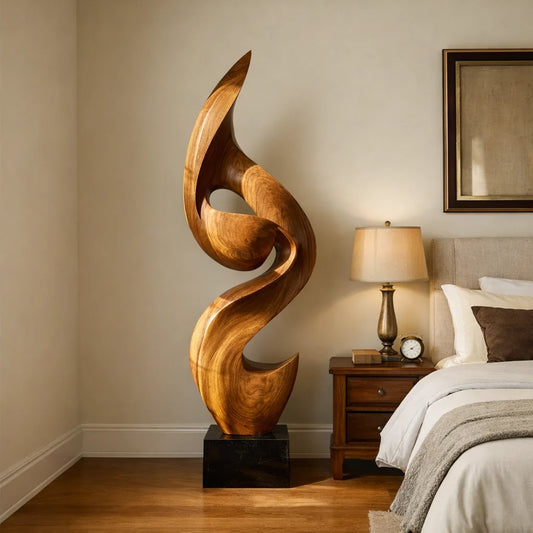 Tall Solid Wood Flowing Curve Floor Sculpture with Plinth Base – Modern Artistic Décor for Contemporary Interiors