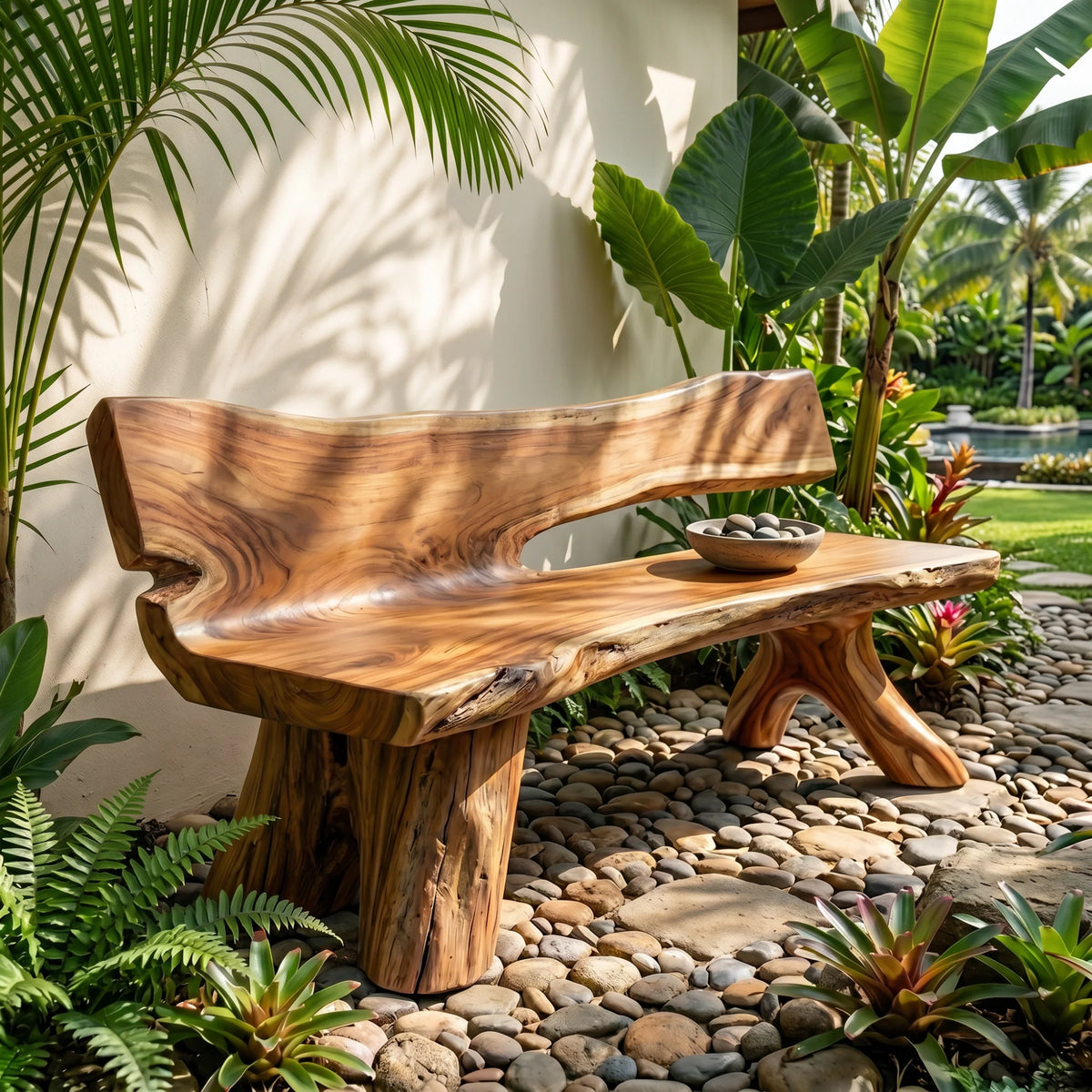 Live Edge Solid Wood Garden Bench with Natural Edge Backrest