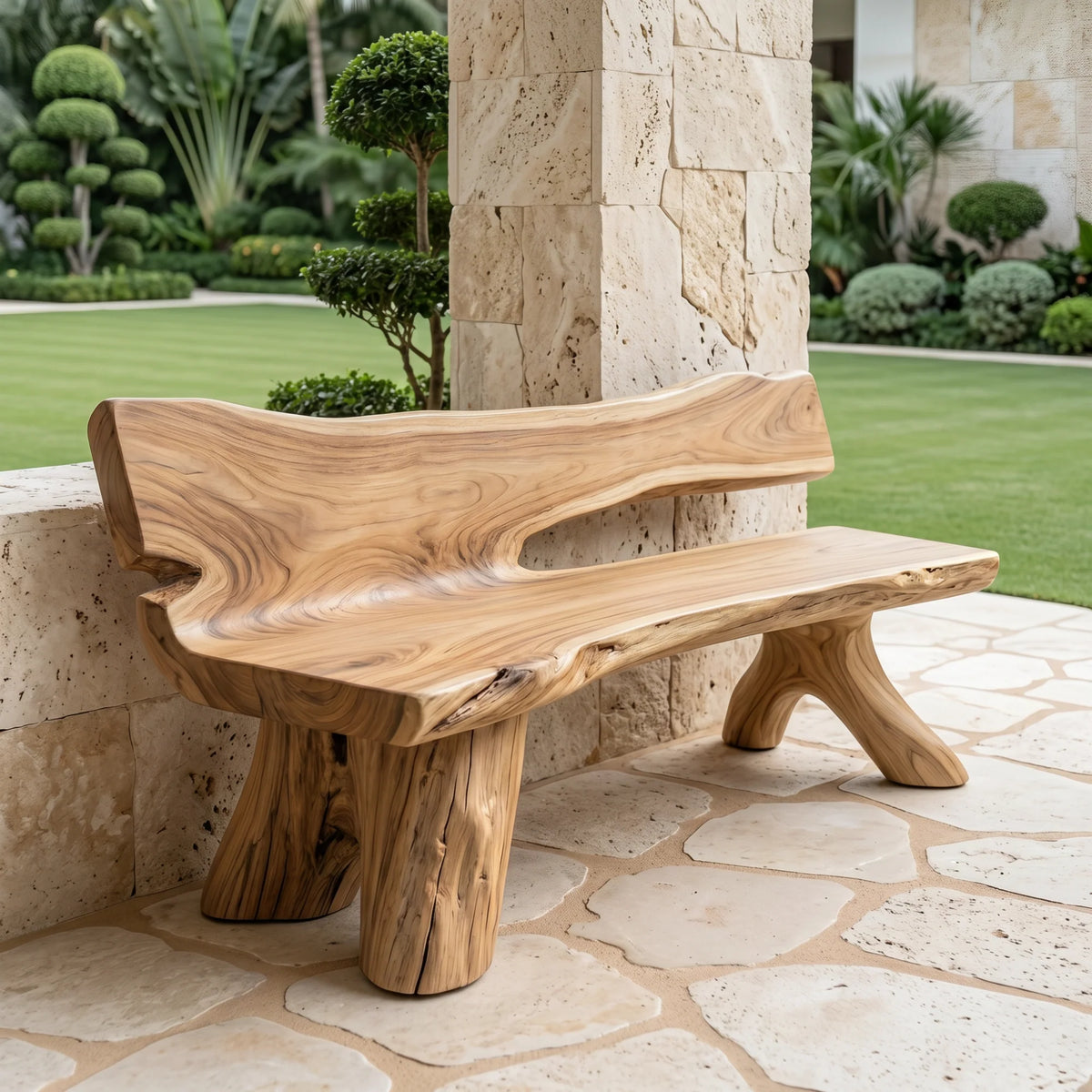 Live Edge Solid Wood Garden Bench with Natural Edge Backrest