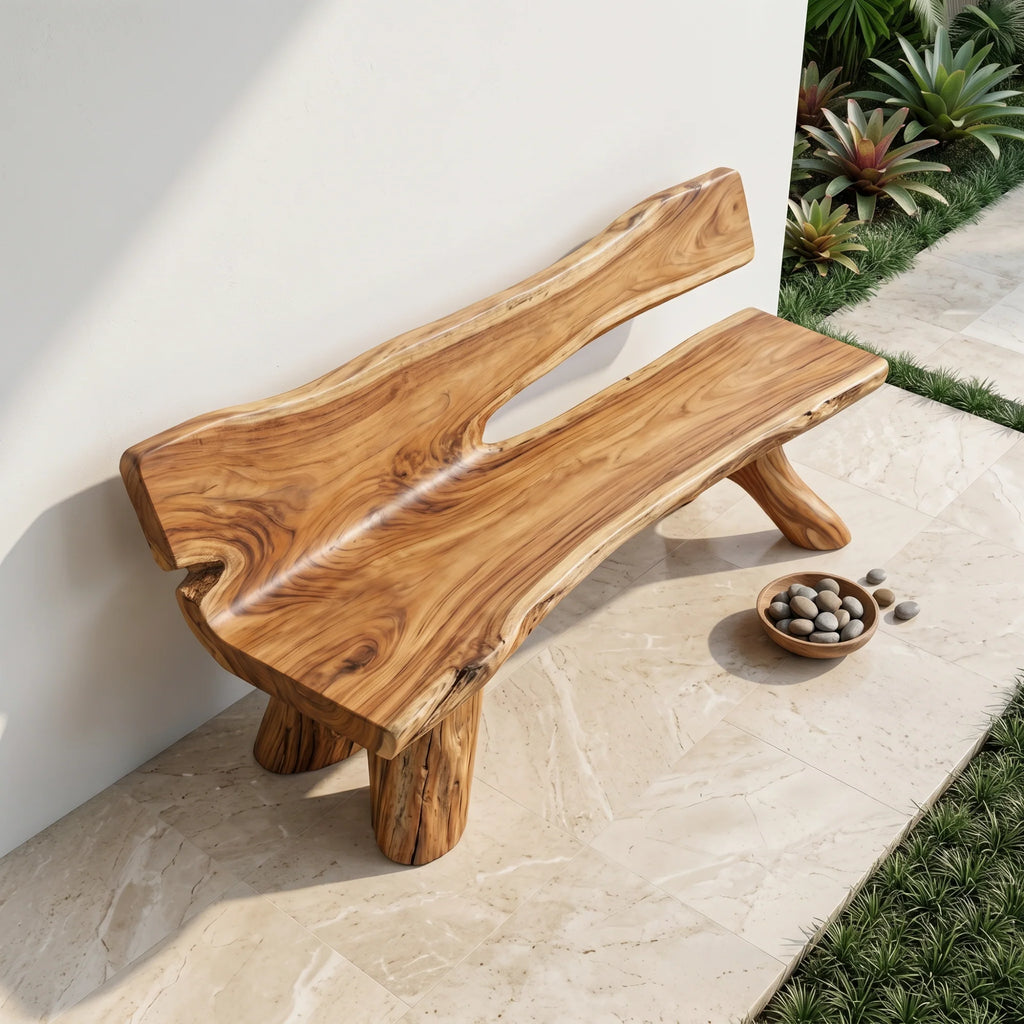 Live Edge Solid Wood Garden Bench with Natural Edge Backrest