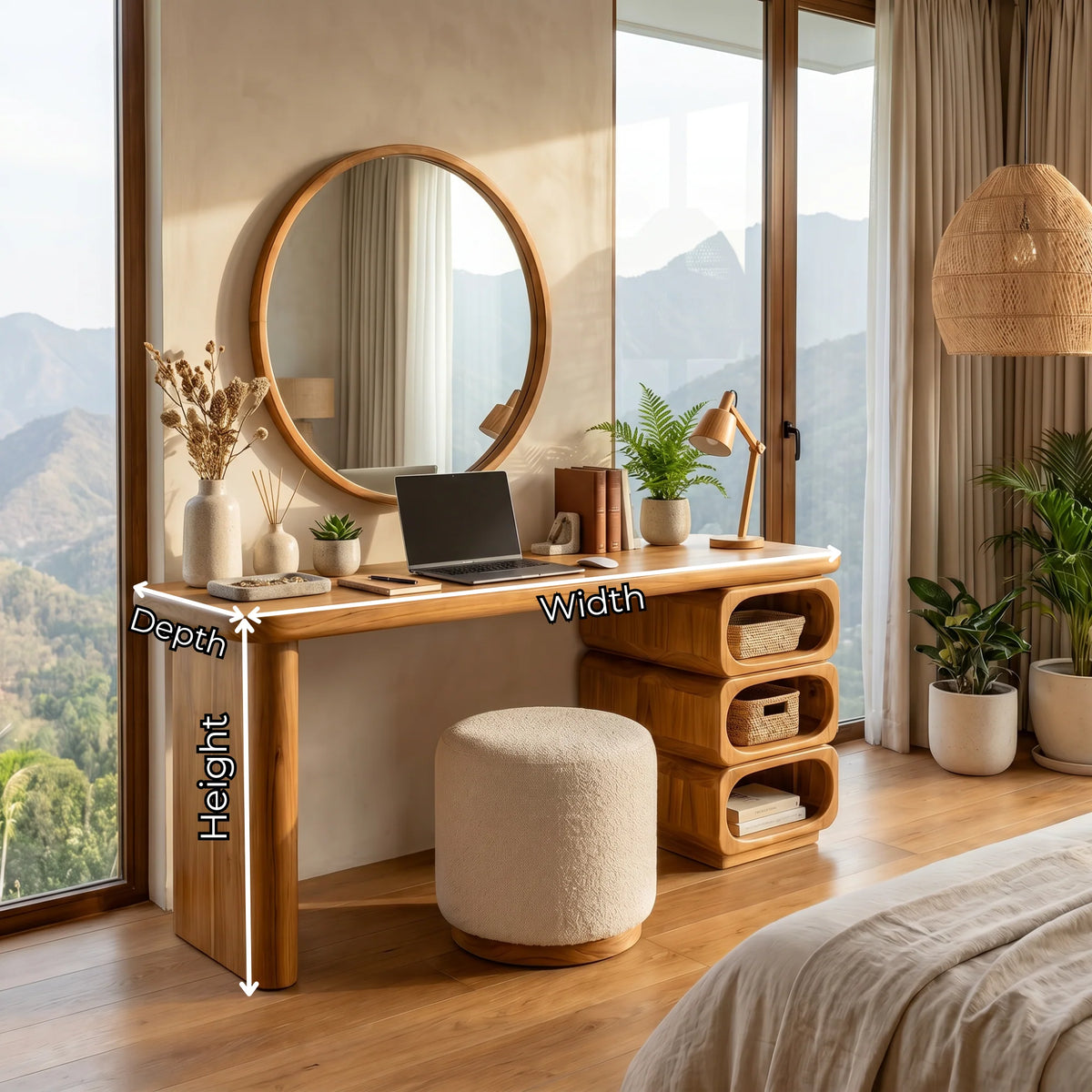 Modern Solid Wood Vanity Table with Rounded Open Shelf and Panel Legs
