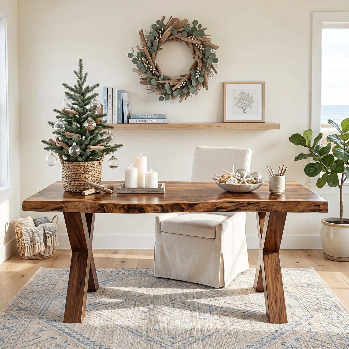 Live Edge Solid Wood Desk with Sculptural X-Shaped Legs – Modern Home Office Desk