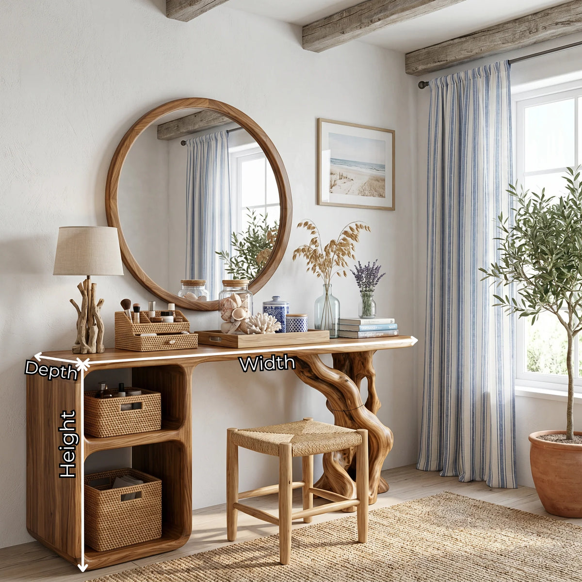 Sculptural Solid Wood Vanity Table with Organic Carved Base and Open Shelf
