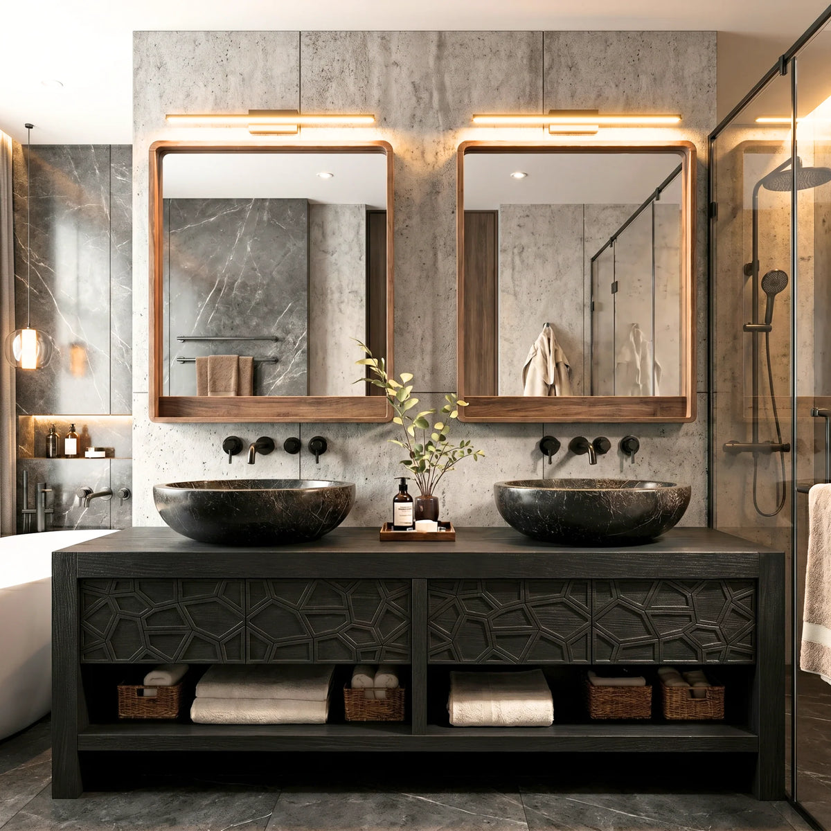 Modern Solid Wood Bathroom Vanity Cabinet with Geometric Carved Front Design