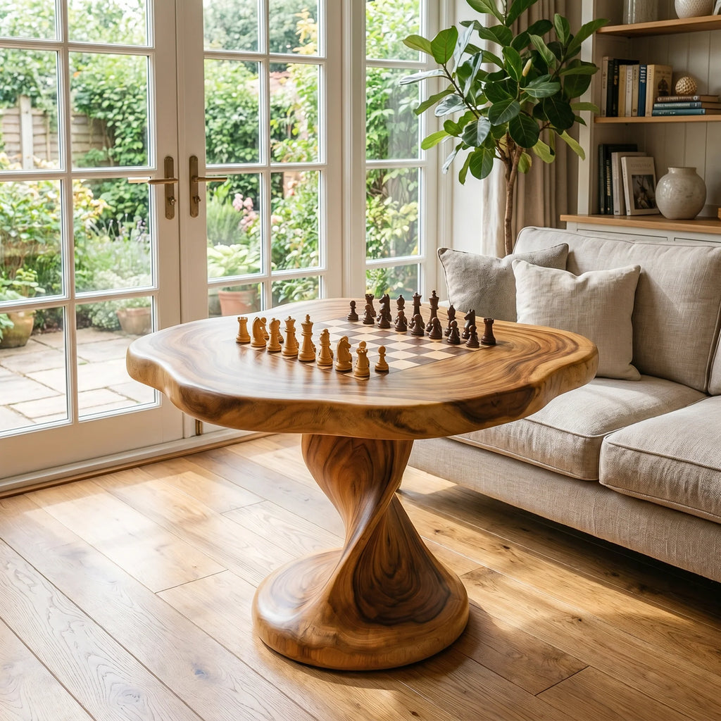 Handcrafted Solid Wood Chess Table with Pedestal Base