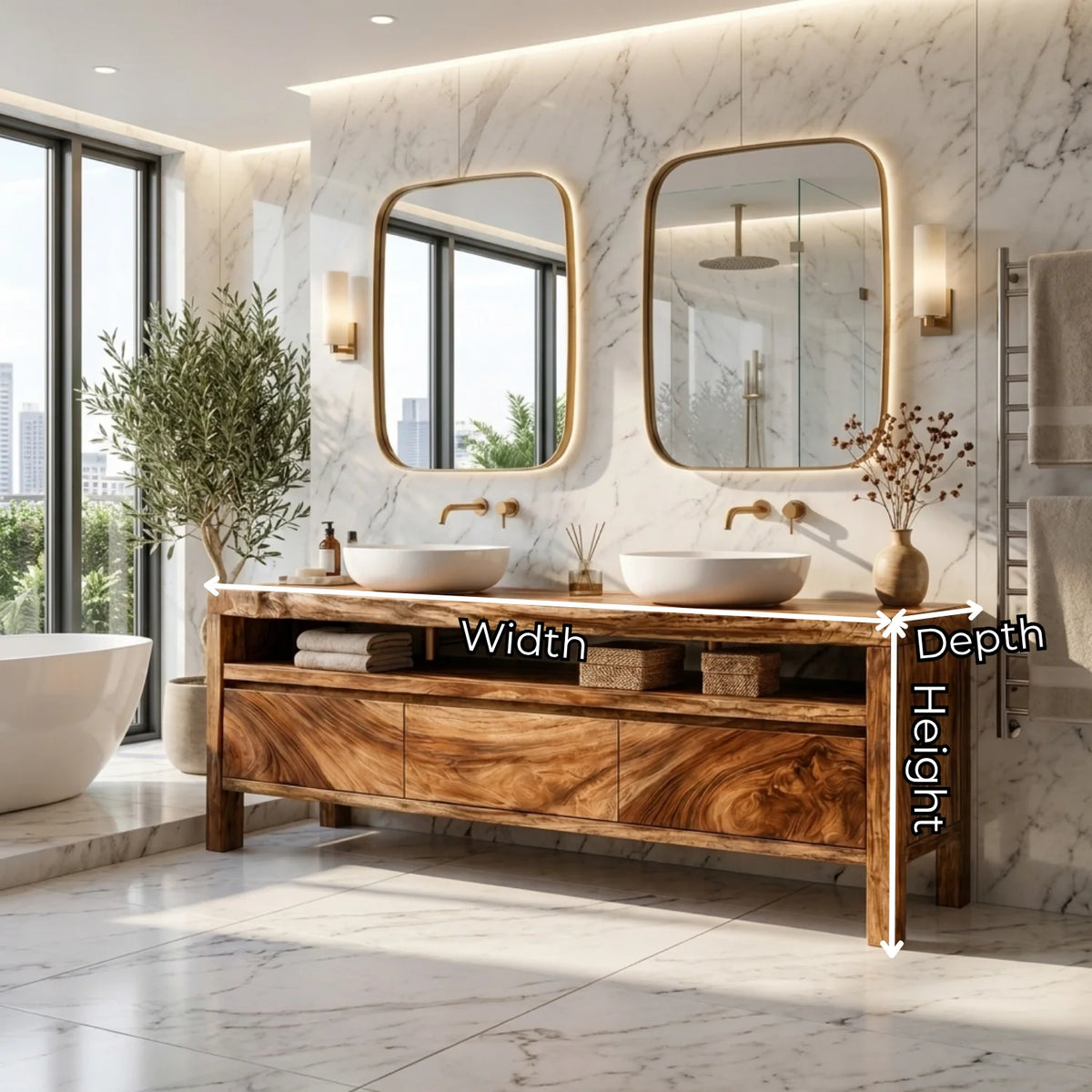 Solid Wood Double Sink Bathroom Vanity with Open Shelf Storage for Lodge Bathrooms