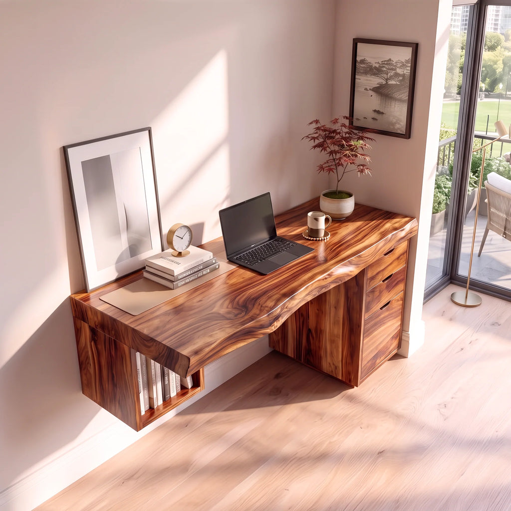 Solid Wood Desk with Drawers and Open Shelf