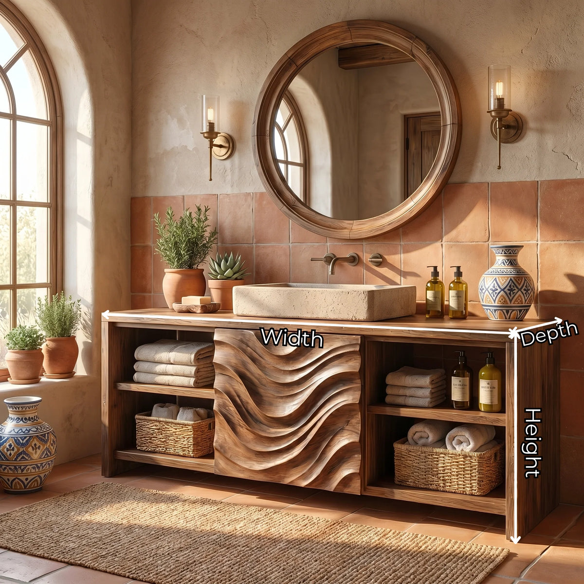 Solid Wood Bathroom Vanity with Carved Wave Panel and Open Shelf Storage