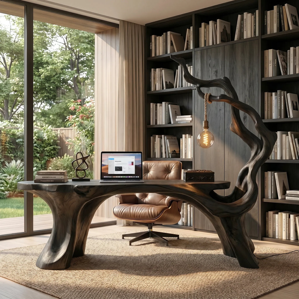 Sculptural Solid Wood Desk with Integrated Hanging Lamp – Artistic Modern Workspace Furniture