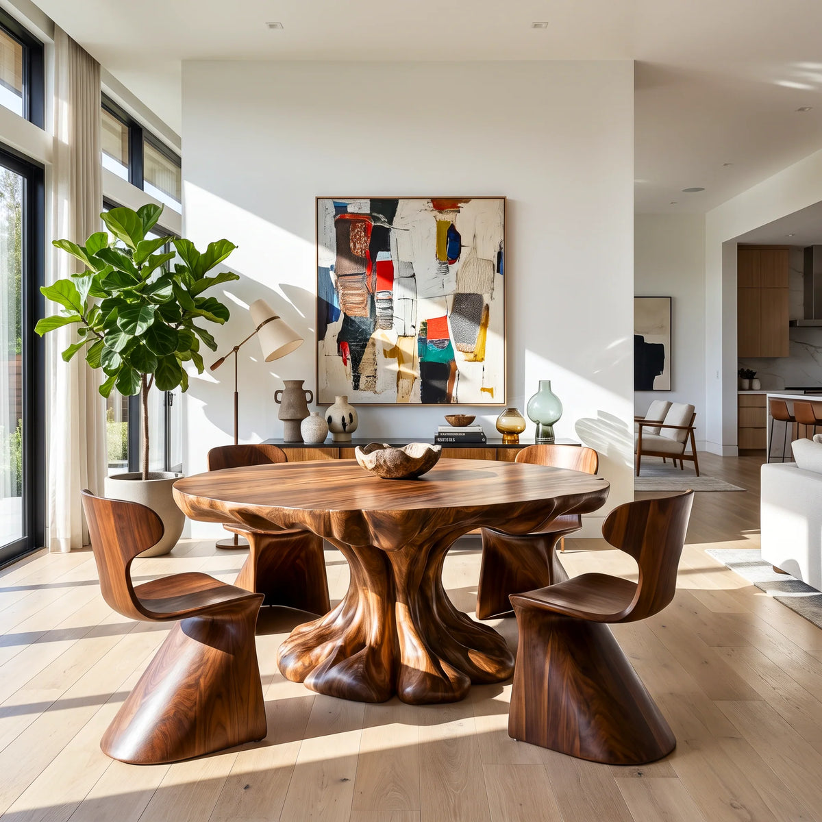 Organic Solid Wood Dining Table with Sculptural Flowing Pedestal Base