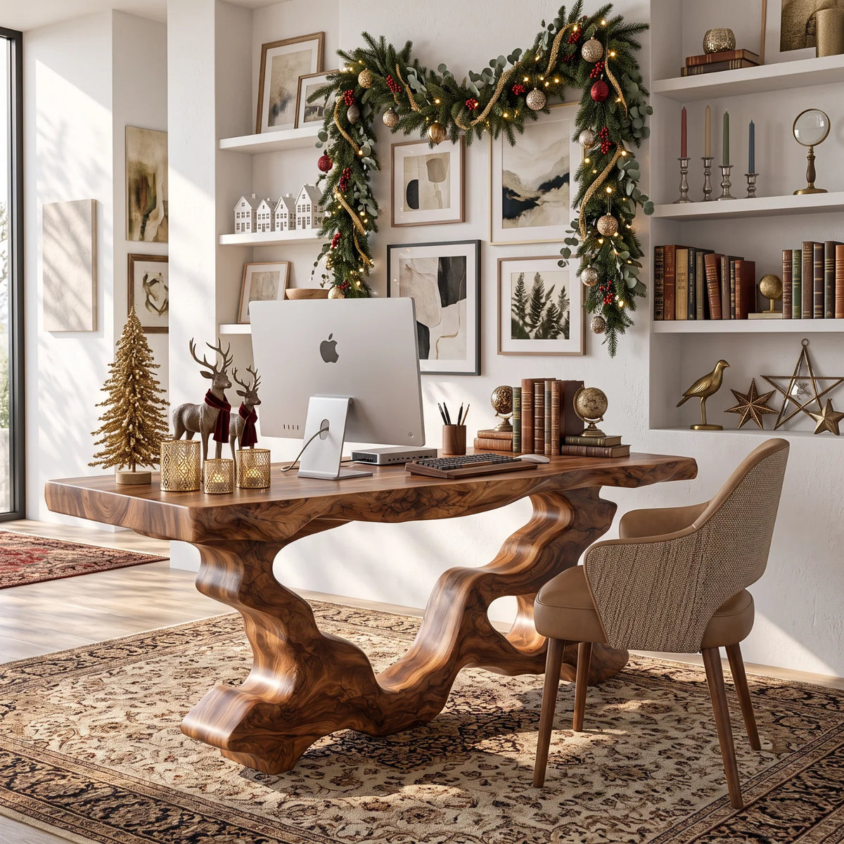Live Edge Solid Wood Executive Desk with Sculptural Root-Style Frame – Luxury Office Furniture