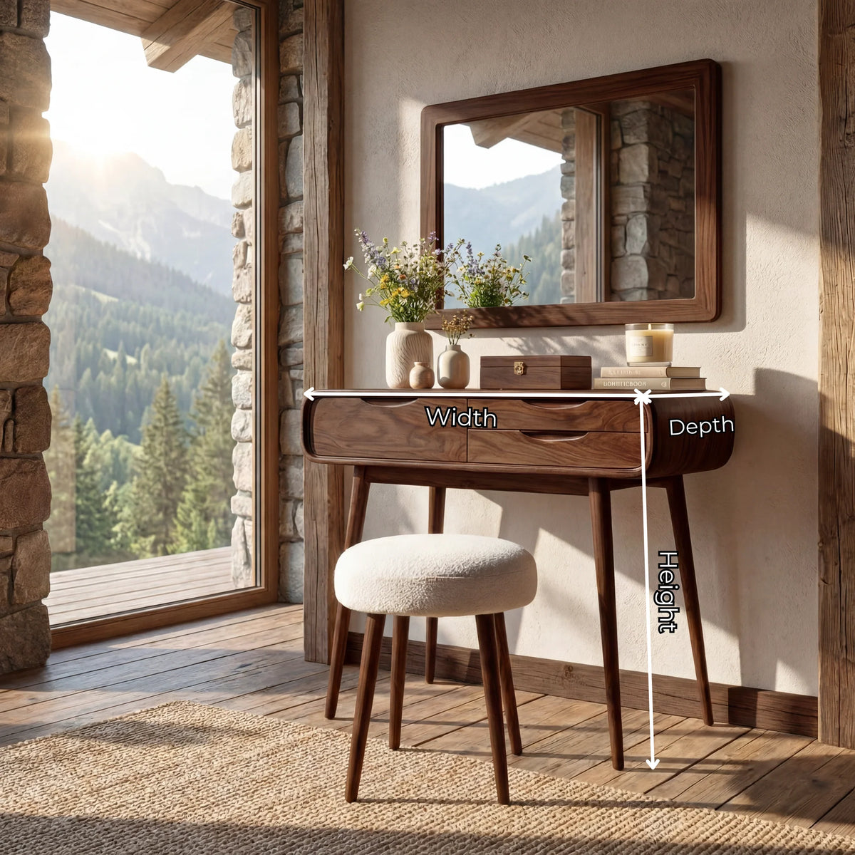 Modern Rounded Solid Wood Vanity Table with Storage Drawers