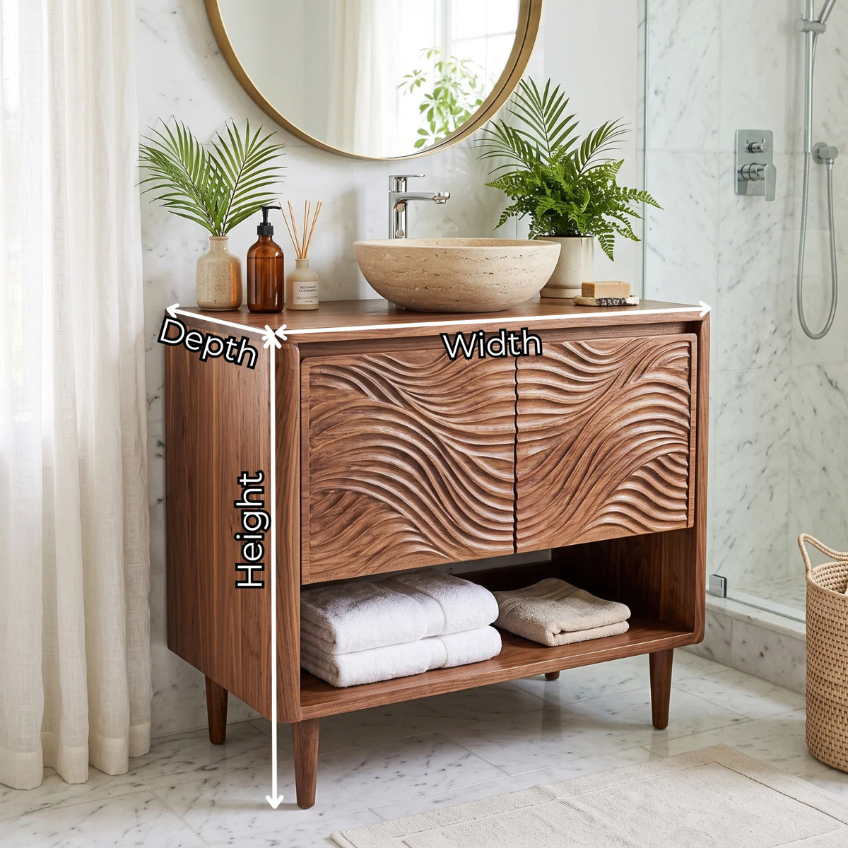 Solid Wood Bathroom Vanity with Carved Ripple Cabinet and Open Shelf for Powder Rooms