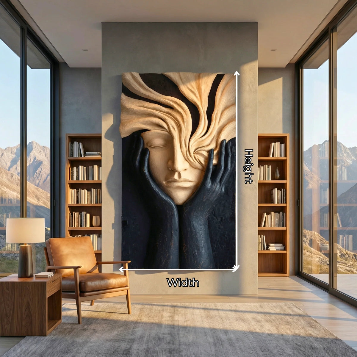 Handcrafted Solid Wood Face Wall Sculpture with Flowing Grain Hair & Black Relief Hands