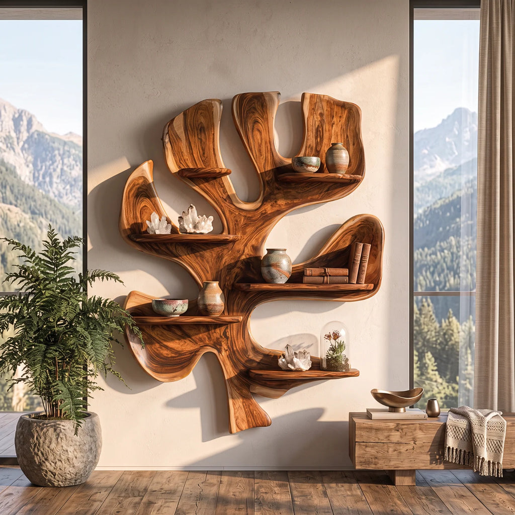 Sculptural Solid Wood Tree Wall Shelf