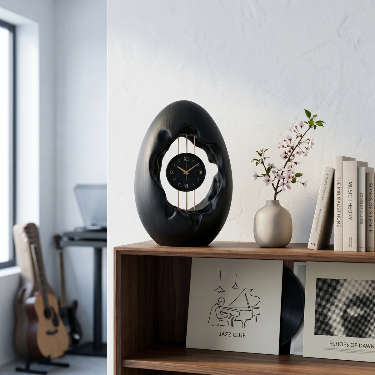 Solid Wood Oval Table Clock with Hollow Sculptural Frame – Modern Decorative Desk Clock