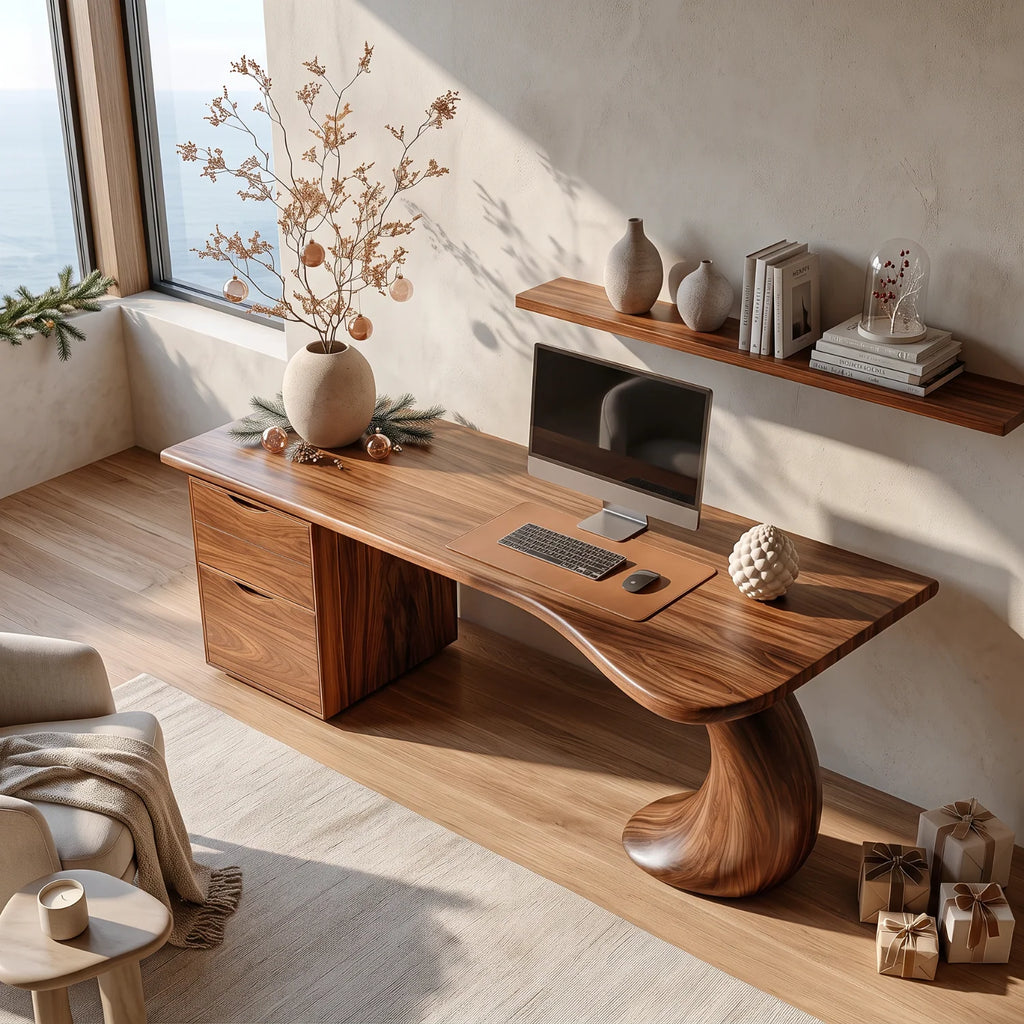 Organic Solid Wood Desk with Curved Leg and Two Drawers
