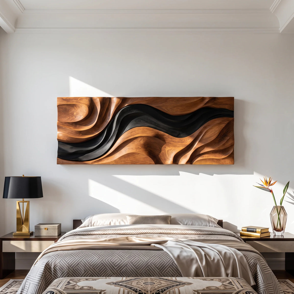 Abstract Wooden Wall Sculpture with Flowing Natural Wood and Black Layers