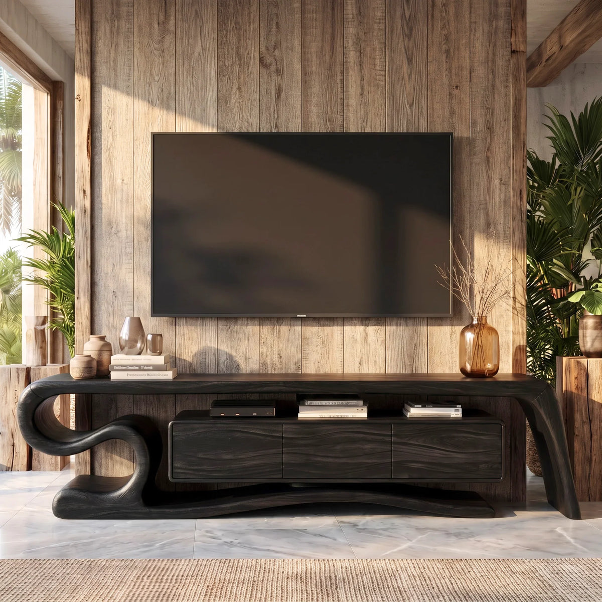 Sculptural Solid Wood TV Stand with S-Curve Frame and Wave-Grain Cabinet