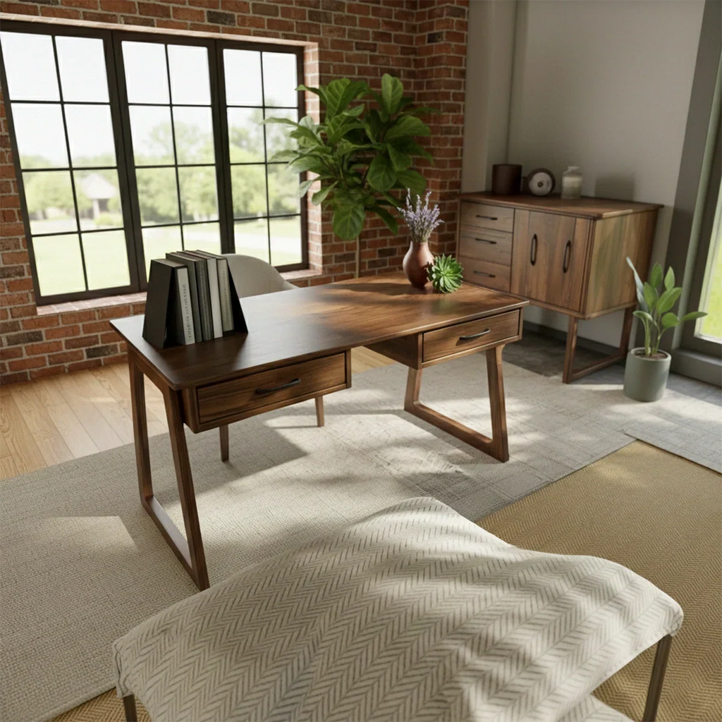 Mid-Century Solid Wood Writing Desk with Drawers